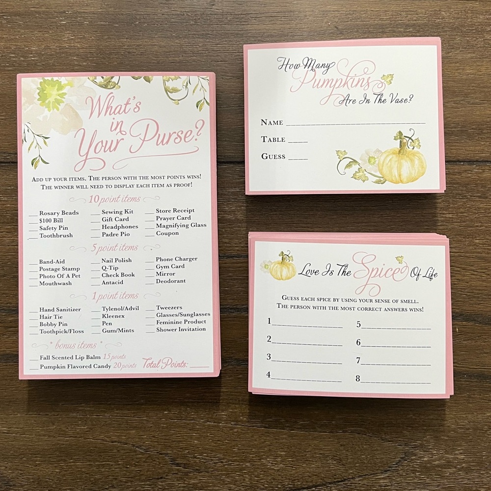 Custom made bridal shower game cards